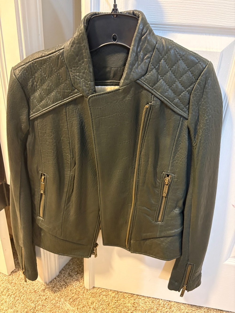 Michael Kors Olive Green Quilted Shoulder Moto Jacket